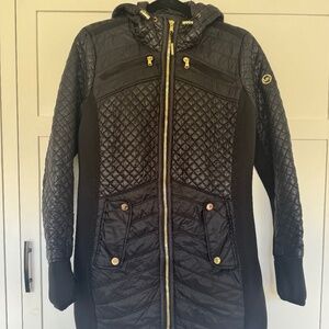 Michael Kors Quilted Black Coat Jacket Gold Hardware Stretch Trim Size M